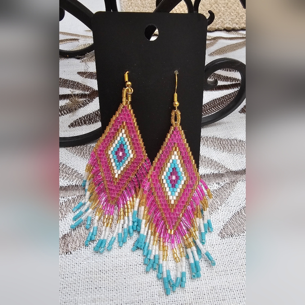 Colorful Boho Chic Beaded Native American Dangle Fringe Earrings 4 Inch NWOT - Picture 9 of 11